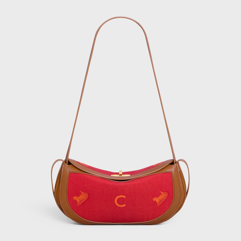 PETIT HOTDOG JACQUARD C calèche ET VEAU - GOLDEN TAN / ROUGE - SACS BANDOULIÈRES - 1 | CELINE