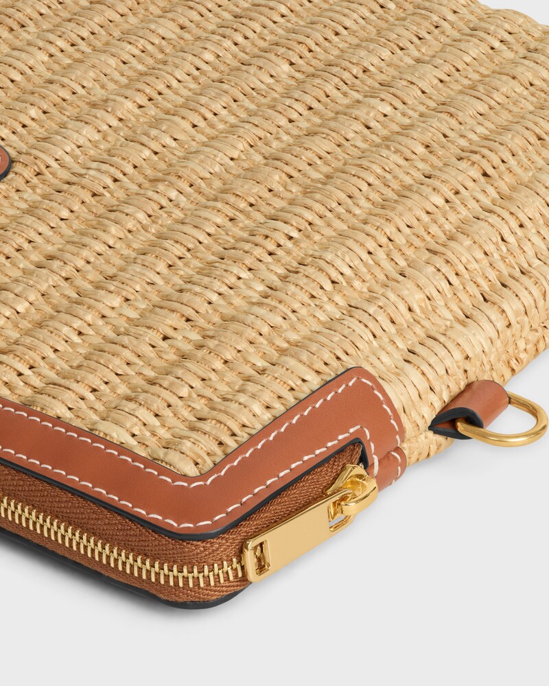 SMALL POUCH WITH STRAP IN raffia effect textile and calfskin - TAN - POUCHES - 1 | CELINE