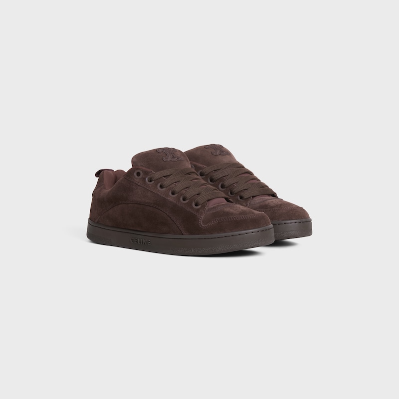 CELINE HUNTINGTON LOW LACE-UP SNEAKER IN SUEDE CALFSKIN AND MESH - DARK BROWN -  - 1 | CELINE
