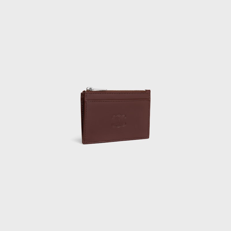 Zipped Card Holder in Satinated calfskin with triomphe embossed - CHESTNUT - COIN HOLDERS - 1 | CELINE