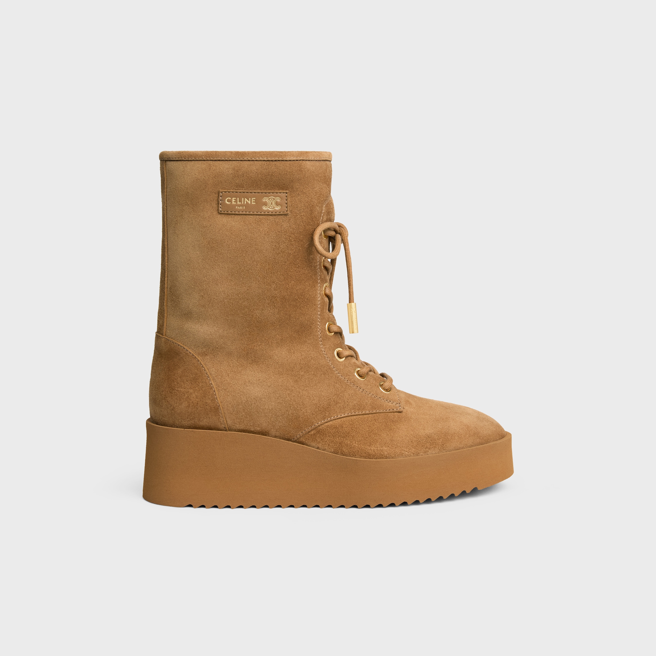 AUSTIN LACE-UP BOOT IN SUEDE CALFSKIN AND SHEARLING - HAVANA | CELINE
