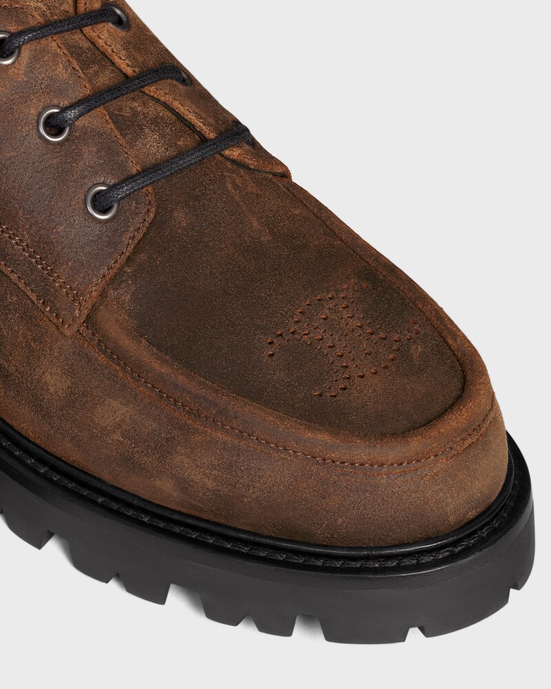 CELINE MARGARET DERBY IN WAXED SUEDE CALFSKIN - DARK BROWN -  - 1 | CELINE