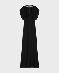 long dress with embroidered collar IN silk georgette - BLACK -  - 1 | CELINE