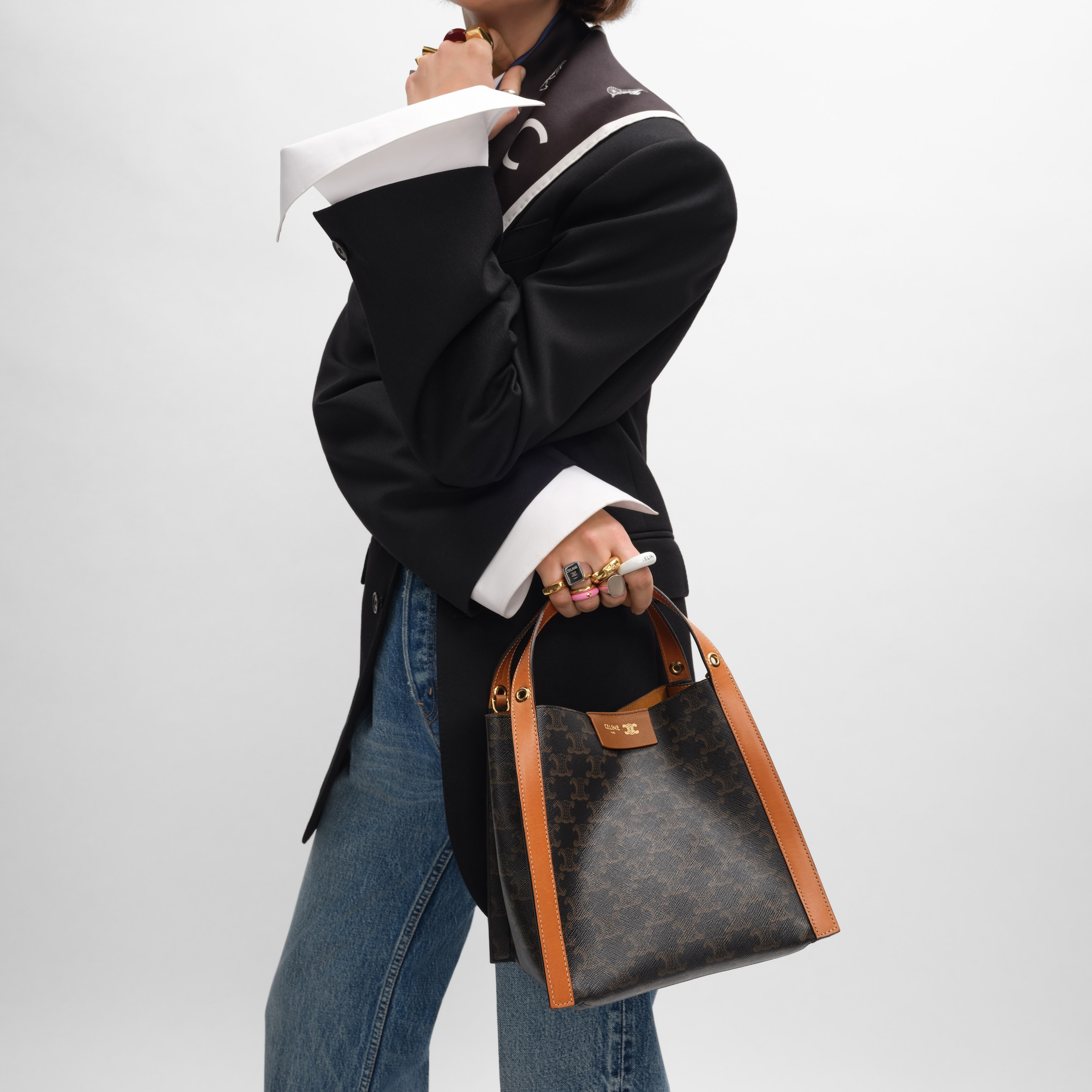 SMALL CUBE BAG IN Triomphe Canvas and NATURAL Calfskin - MIEL | CELINE