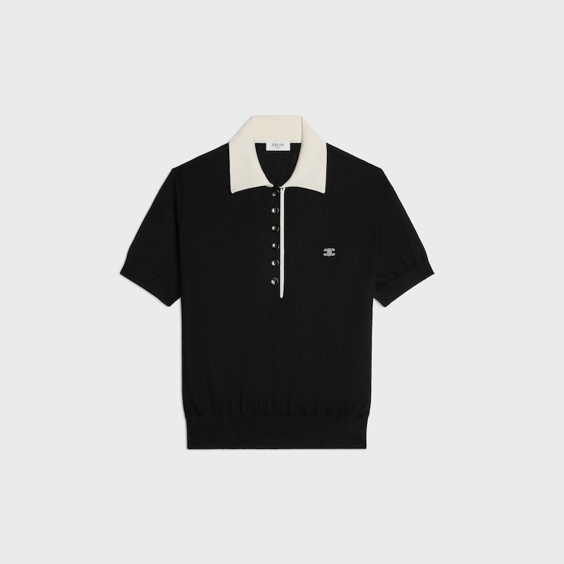精細羊絨桑蠶絲Polo毛衣 - 黑色 / 白色 -  - 1 | CELINE