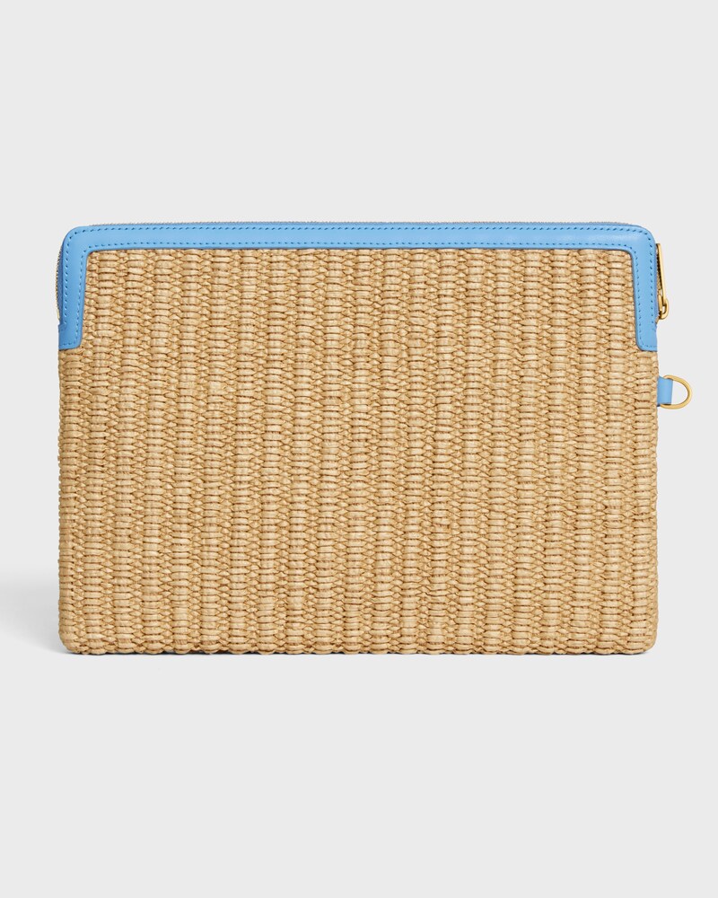 SMALL POUCH WITH STRAP IN raffia effect textile and calfskin - SKY BLUE - NEW - 1 | CELINE