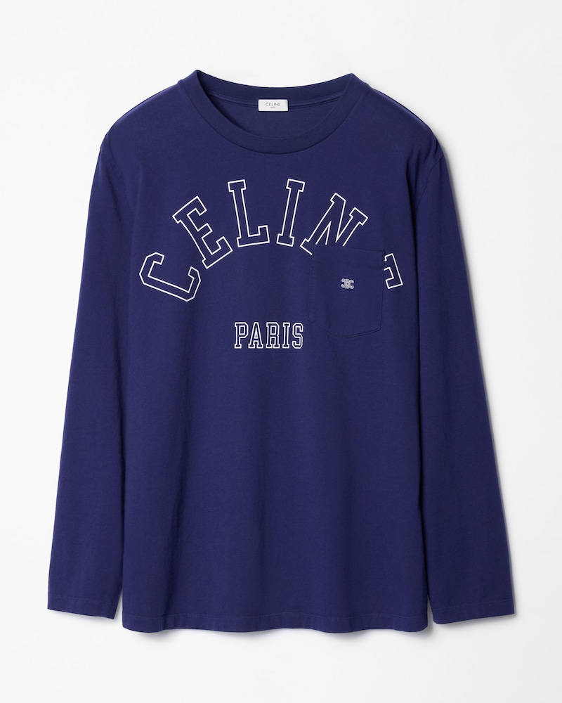 CAMISETA DE MANGA LARGA DE PUNTO DE ALGODÓN - AZUL MARINO LAVADO/BLANCO -  - 1 | CELINE