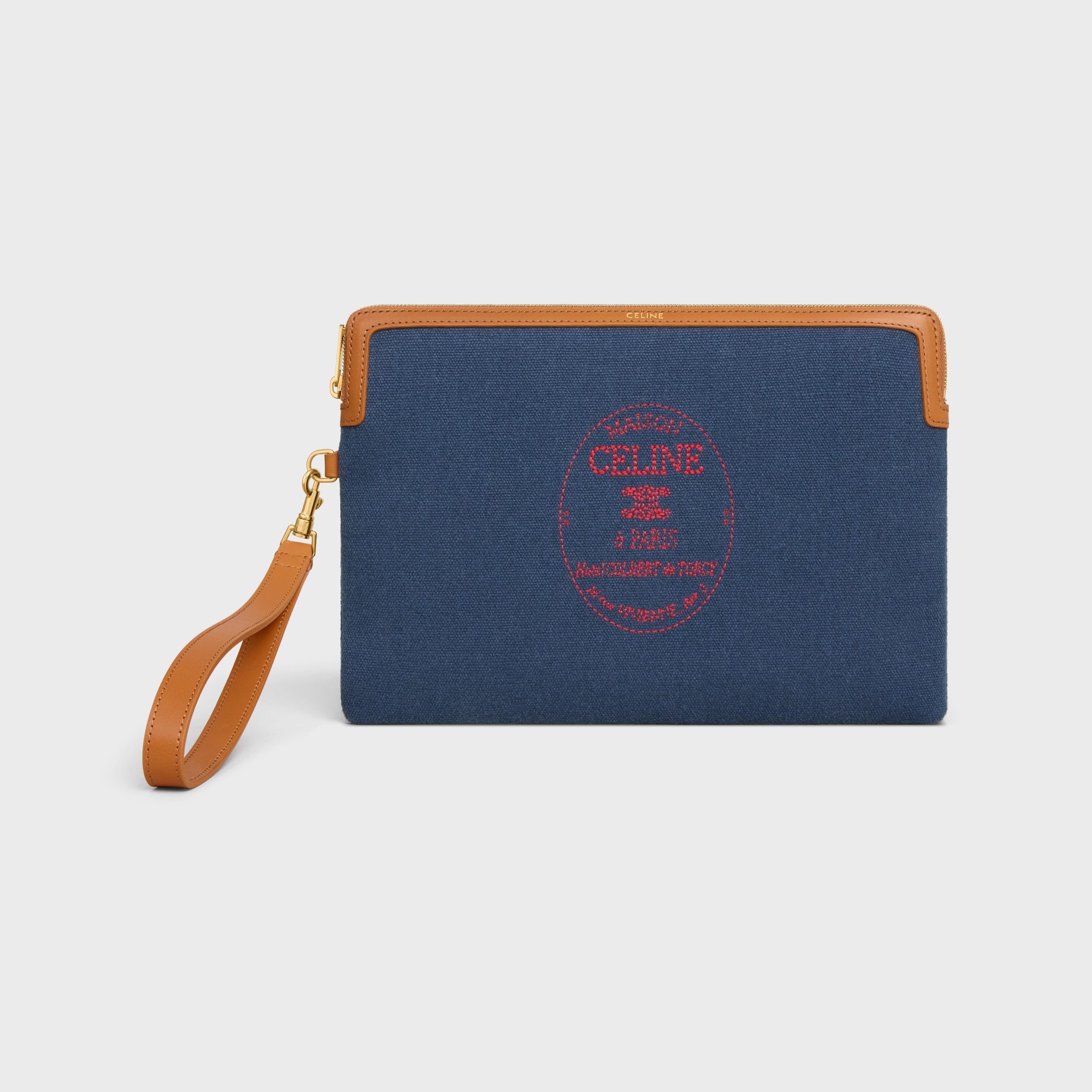 CELINE SMALL POUCH WITH STRAP CUIR TRIOMPHE IN TEXTILE WITH EMBROIDERY