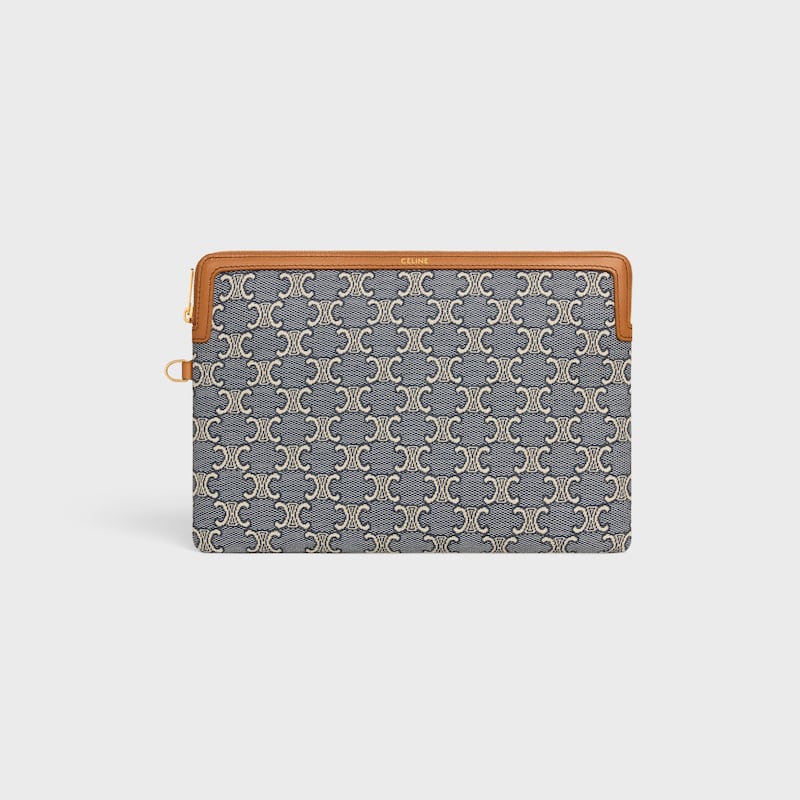 SMALL POUCH WITH STRAP CUIR TRIOMPHE IN JACQAURD TRIOMPHE ALL OVER - NAVY/ECRU - POUCHES - 1 | CELINE