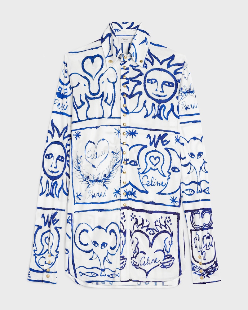 camisa em malha de seda estampada - BLANC/BLEU -  - 1 | CELINE