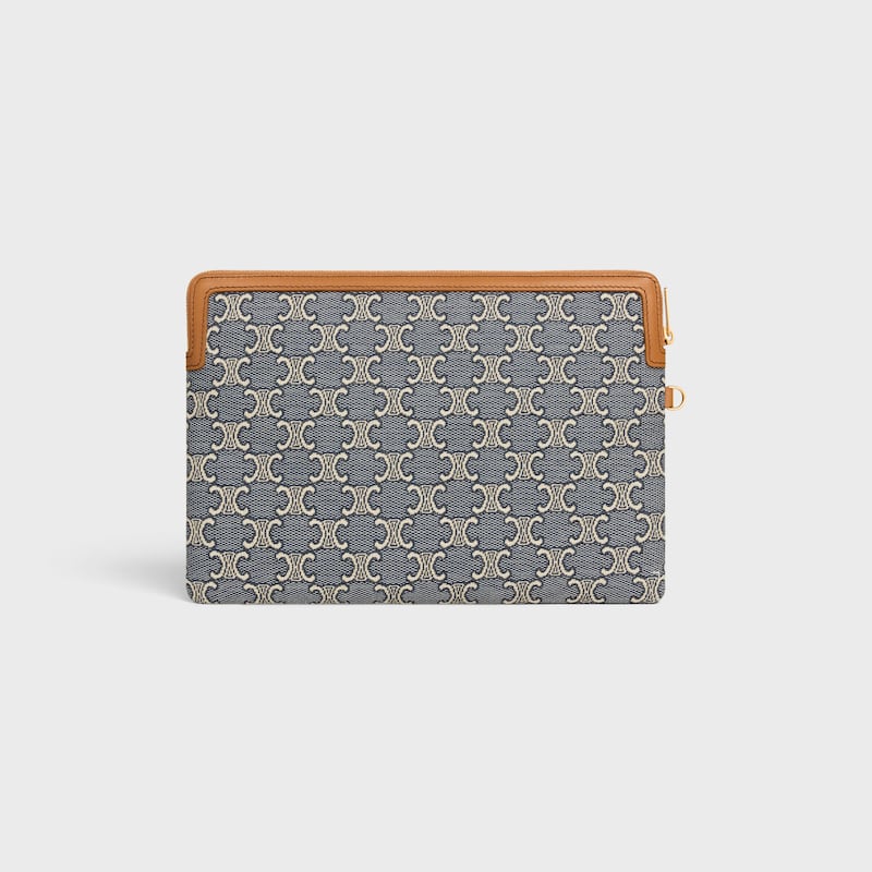 SMALL POUCH WITH STRAP CUIR TRIOMPHE IN JACQAURD TRIOMPHE ALL OVER - NAVY/ECRU - POUCHES - 1 | CELINE