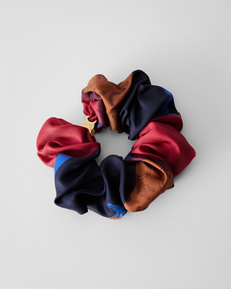 HERITAGE PATCHWORK SCRUNCHY IN SILK AND BRASS WITH GOLD FINISH - Ecru / Burgundy / Navy - HAIR ACCESSORIES - 1 | CELINE