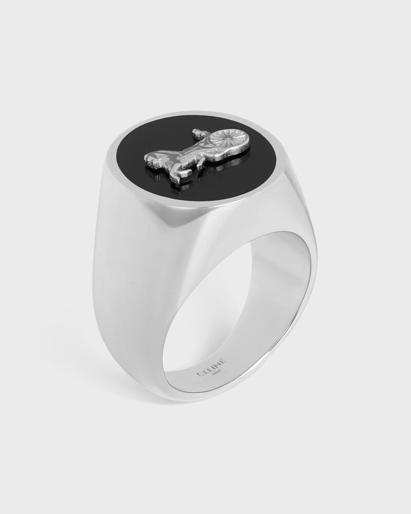 CELINE SULKY Signet Ring IN Enamel and Brass with Rhodium Finish - SILVER / BLACK -  - 1 | CELINE