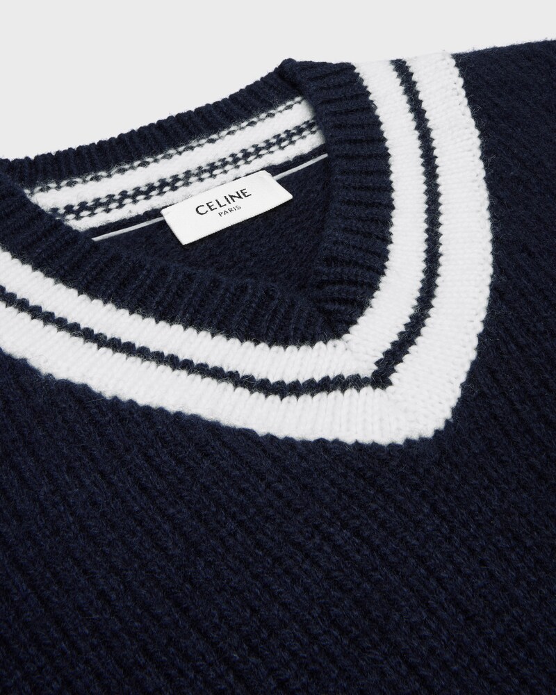 v-neck sweater IN cashmere - NAVY / WHITE -  - 1 | CELINE