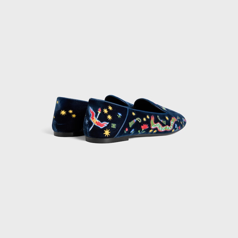 MOCASSIN AURA EN VELOURS BROD&Eacute; MOTIF UNIVERSIT&Eacute; - BLEU NUIT -  - 1 | CELINE
