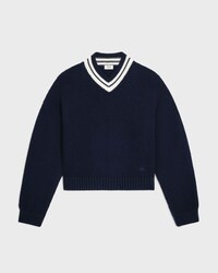 JERSEY CON CUELLO EN V DE CACHEMIRA. - AZUL MARINO / BLANCO -  - 1 | CELINE
