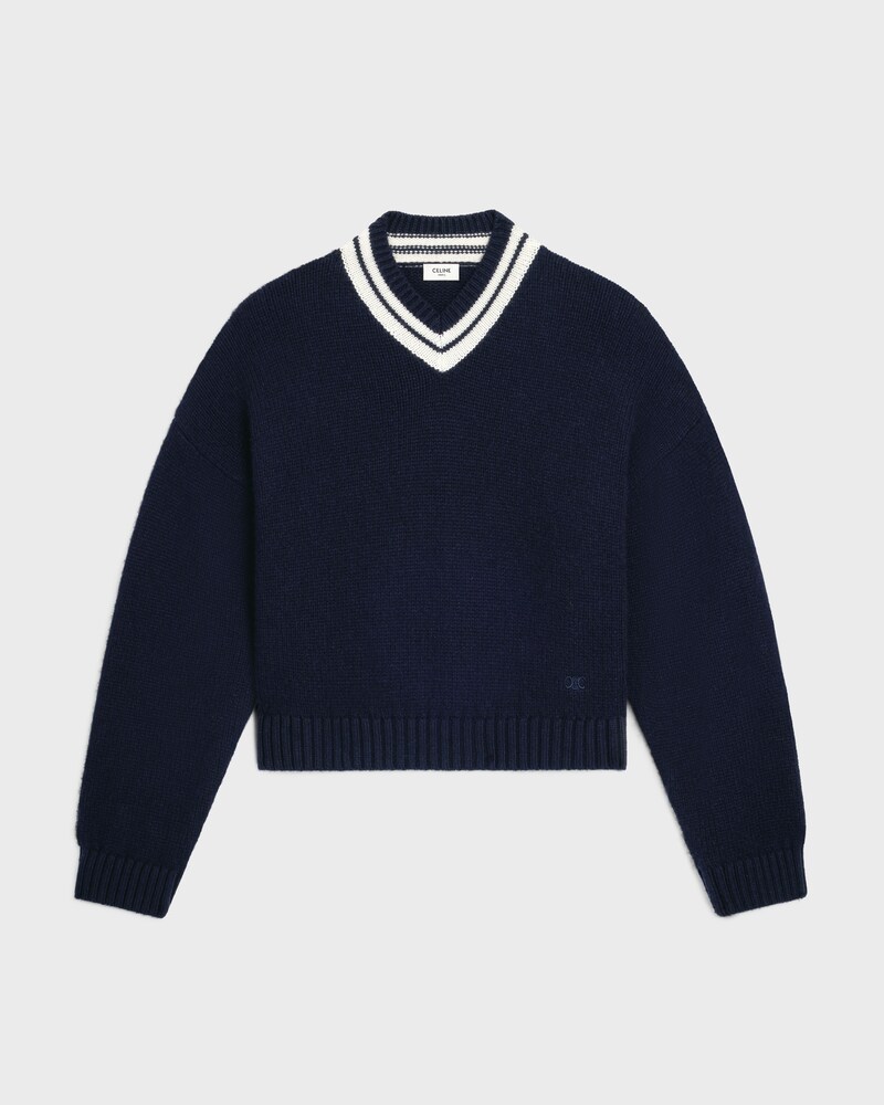v-neck sweater IN cashmere - NAVY / WHITE -  - 1 | CELINE