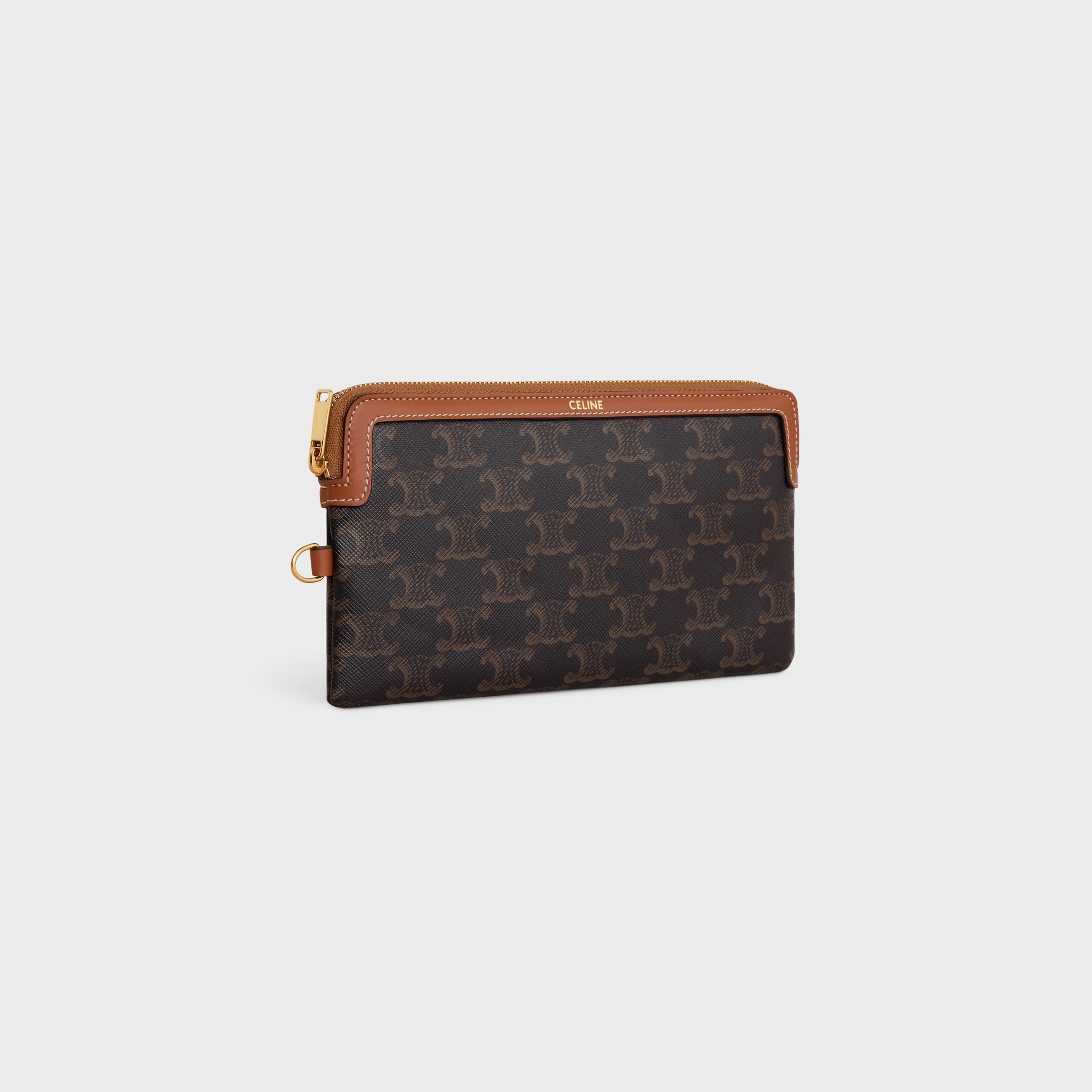 LONG POUCH WITH STRAP IN triomphe canvas and calfskin - TAN | CELINE