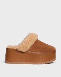 CELINE DANA WEDGE MULE in SUEDE CALFSKIN AND SHEARLING - COGNAC -  - 1 | CELINE