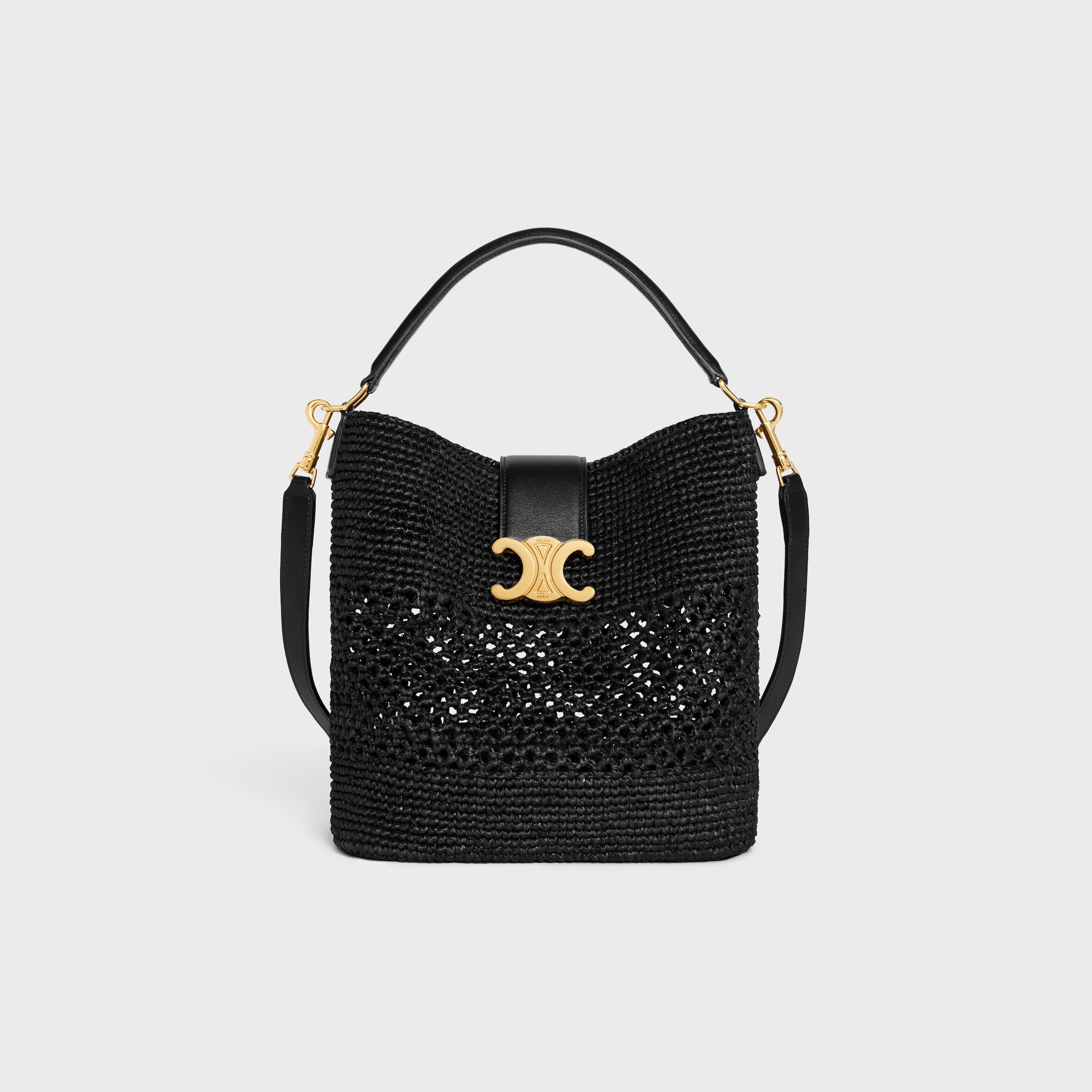 MEDIUM LOUISE BUCKET IN RAFFIA AND CALFSKIN - BLACK | CELINE