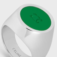 Triomphe Signet Ring in Varnish and Brass with Rhodium Finish - SILVER / RACING GREEN -  - 2 | CELINE