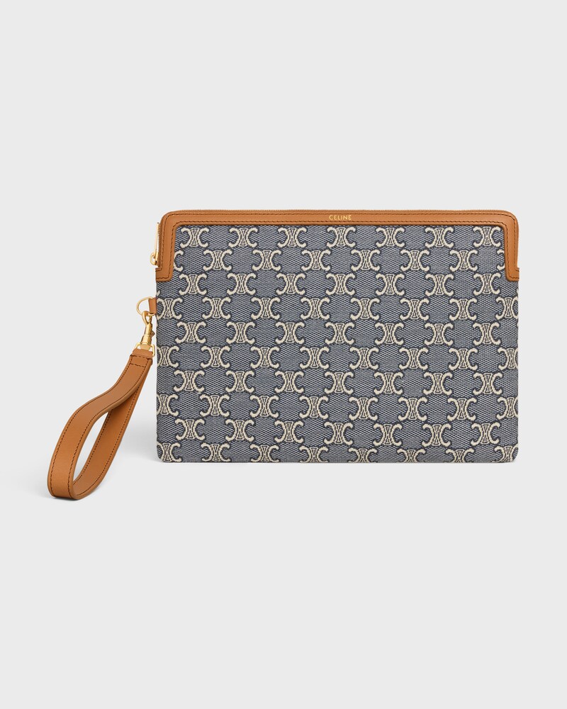SMALL POUCH WITH STRAP CUIR TRIOMPHE IN JACQAURD TRIOMPHE ALL OVER - NAVY/ECRU - POUCHES - 1 | CELINE