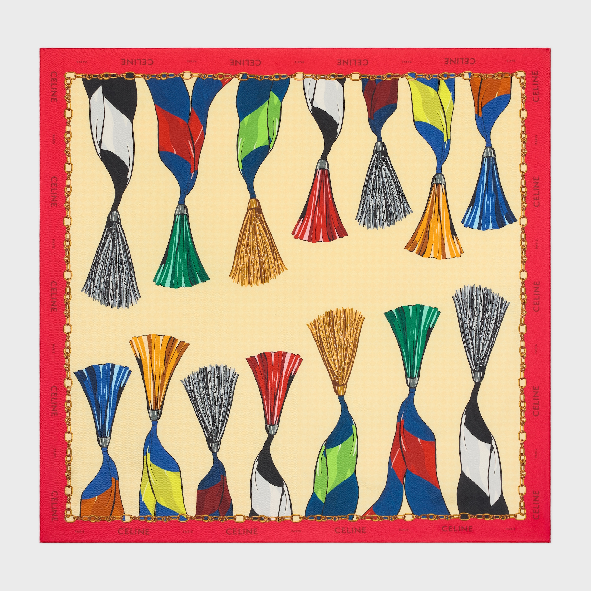 CELINE カラフルシルクスカーフ 90cm TASSELS FOULARD 90 - YELLOW/RED/WHITE | CELINE