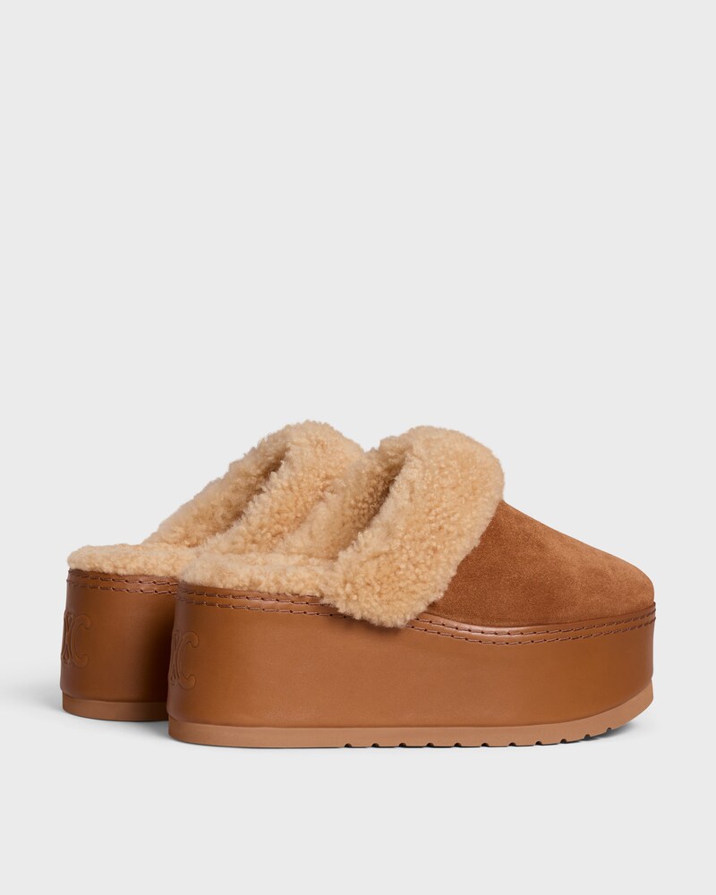 CELINE DANA WEDGE MULE in SUEDE CALFSKIN AND SHEARLING - COGNAC -  - 1 | CELINE
