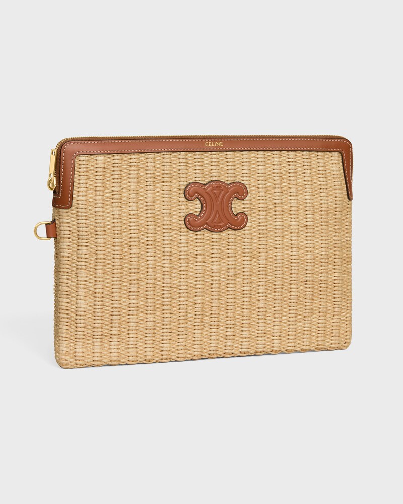 SMALL POUCH WITH STRAP IN raffia effect textile and calfskin - TAN - POUCHES - 1 | CELINE