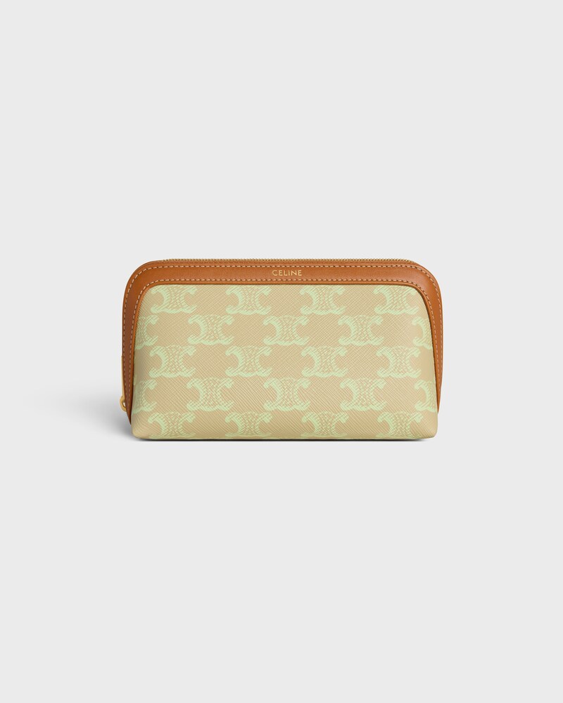 Pochette Cosm&eacute;tique Petit Mod&egrave;le Toile Triomphe et Veau - BEIGE SABLE/ VERT LIME - VOYAGE - 1 | CELINE