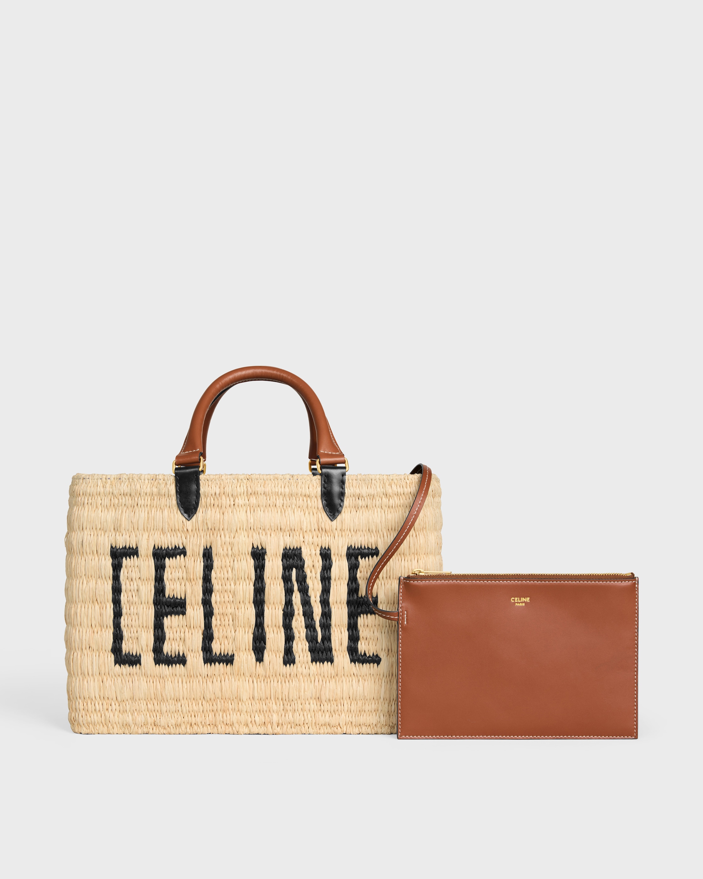 CELINE PARIS PANIER IN RAFFIA AND CALFSKIN - NATURAL / TAN | CELINE