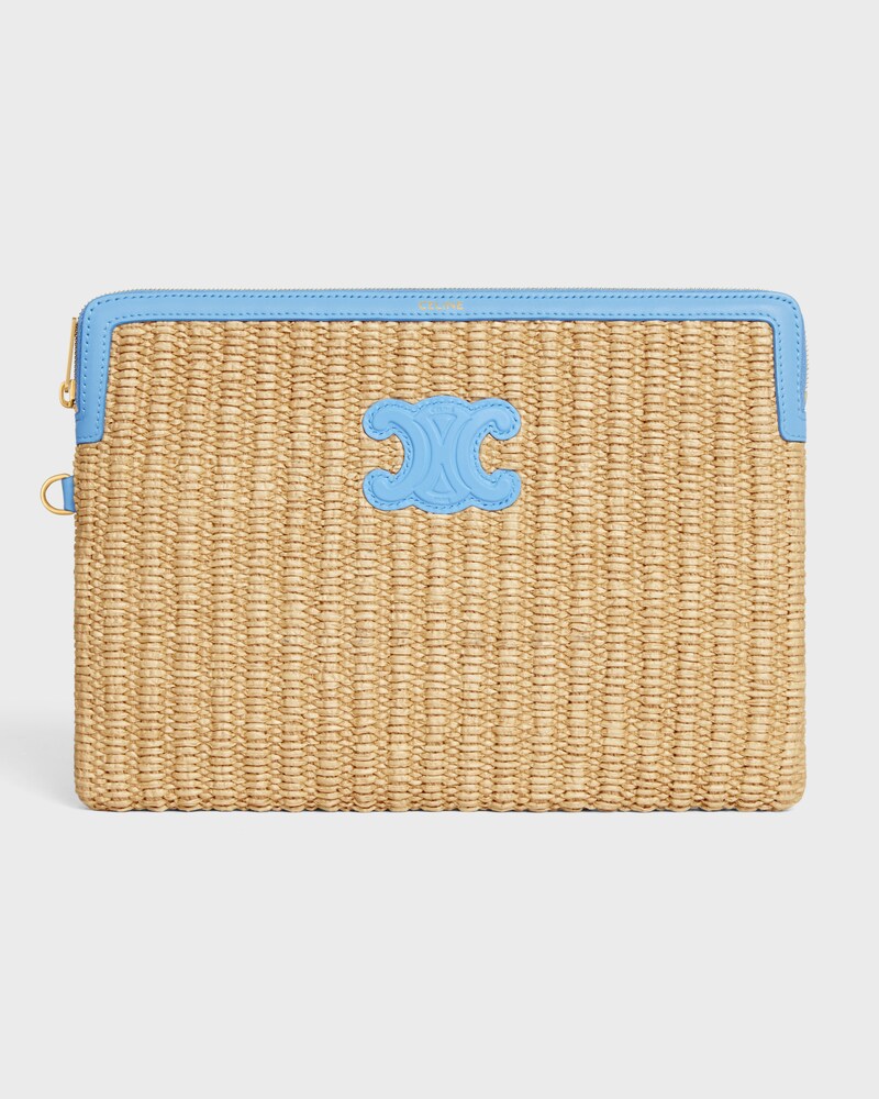 SMALL POUCH WITH STRAP IN raffia effect textile and calfskin - SKY BLUE - NEW - 1 | CELINE