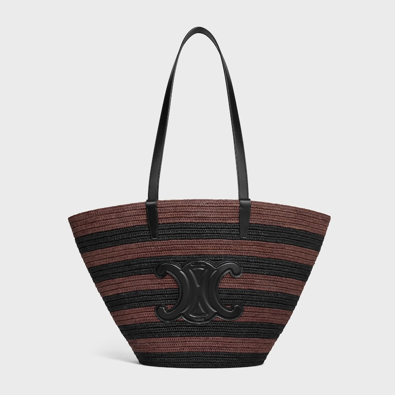 COUFFIN CELINE CLASSIC PANIER IN STRIPED RAFFIA AND CALFSKIN - BLACK / BROWN - PANIER - 1 | CELINE