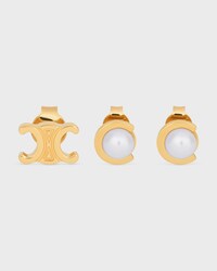 Les Perles Celine Set of 3 Studs in Resin Pearls and Brass with Gold Finish - GOLD / IVORY - EARRINGS - 1 | CELINE