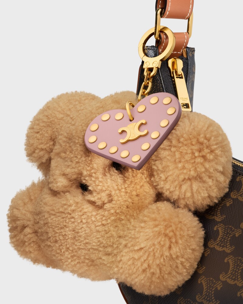 TRIOMPHE POM-POM CHARM IN Embroidered Shearling and Calfskin - BROWN / PINK - CHARMS AND ACCESSORIES - 1 | CELINE