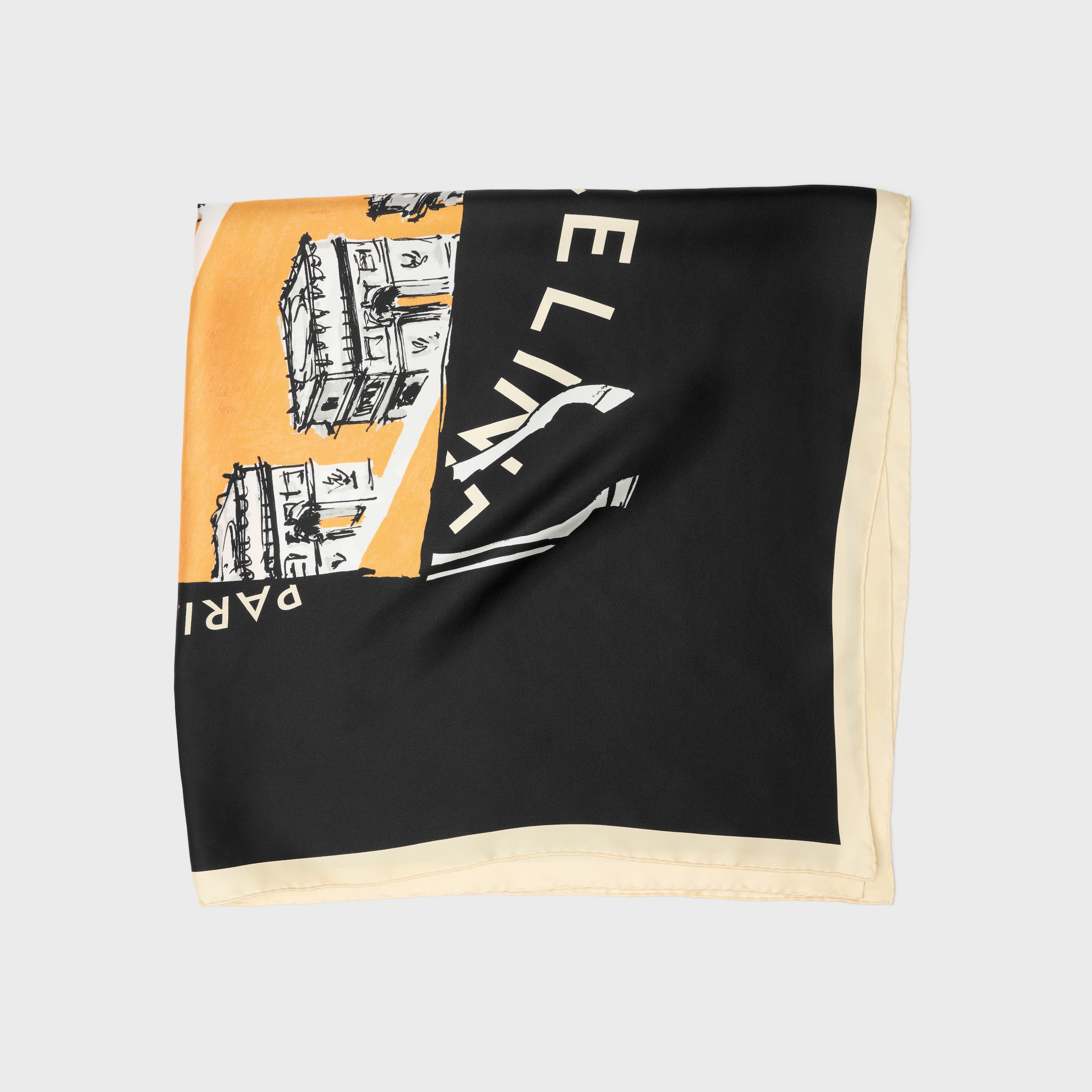 SQUARE EM SEDA CELINE HORSE TWILL - PRETO/LARANJA/OFFWHITE | CELINE