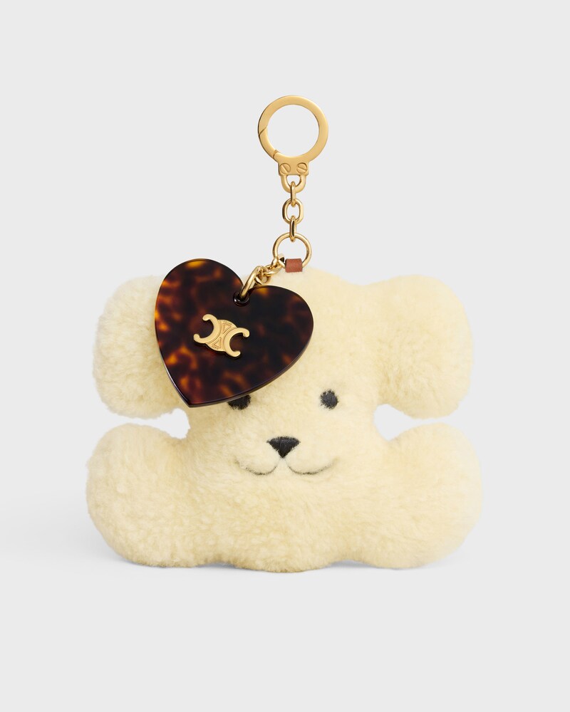 TRIOMPHE pom-pom keyring  with heart in SHEARLING AND ACETATE with GOLD FINISHING - NATURAL / TAN - CHARMS AND ACCESSORIES - 1 | CELINE