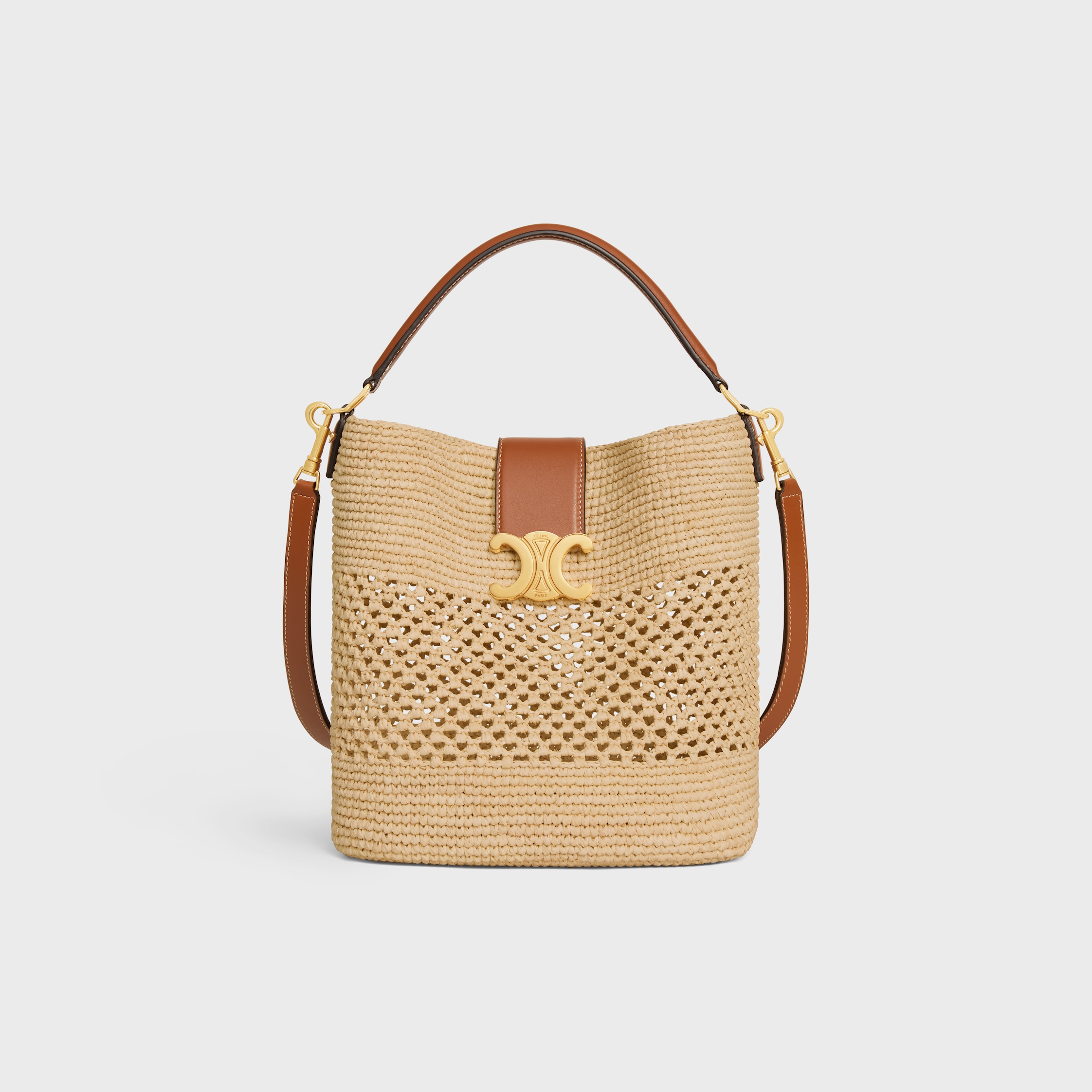 MEDIUM LOUISE BUCKET IN RAFFIA AND CALFSKIN - NATURAL / TAN | CELINE