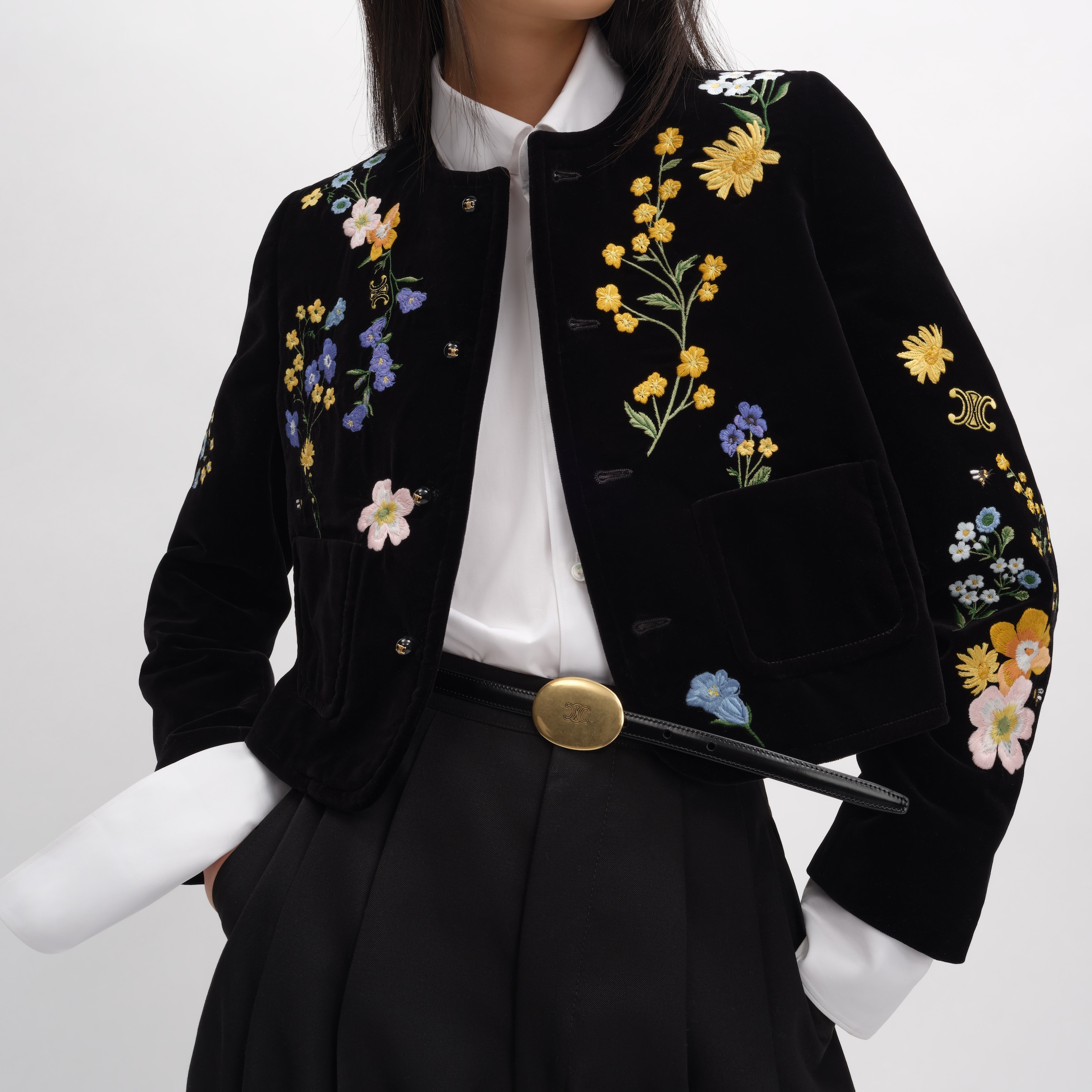 embroidered icone jacket IN velvet - BLACK | CELINE