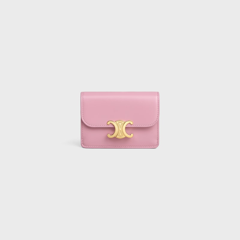 CARD HOLDER WITH FLAP TRIOMPHE IN Shiny calfskin - SILK PINK - CARD HOLDERS - 1 | CELINE