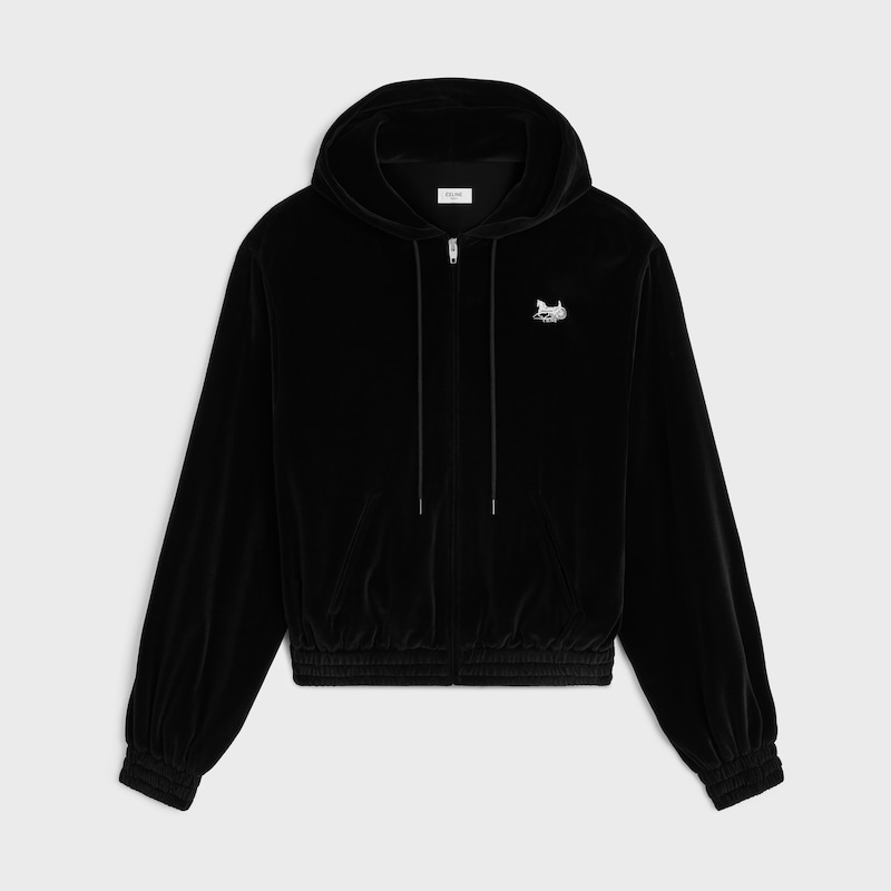 loose zip up hoodie IN velvet jersey - BLACK / WHITE -  - 1 | CELINE