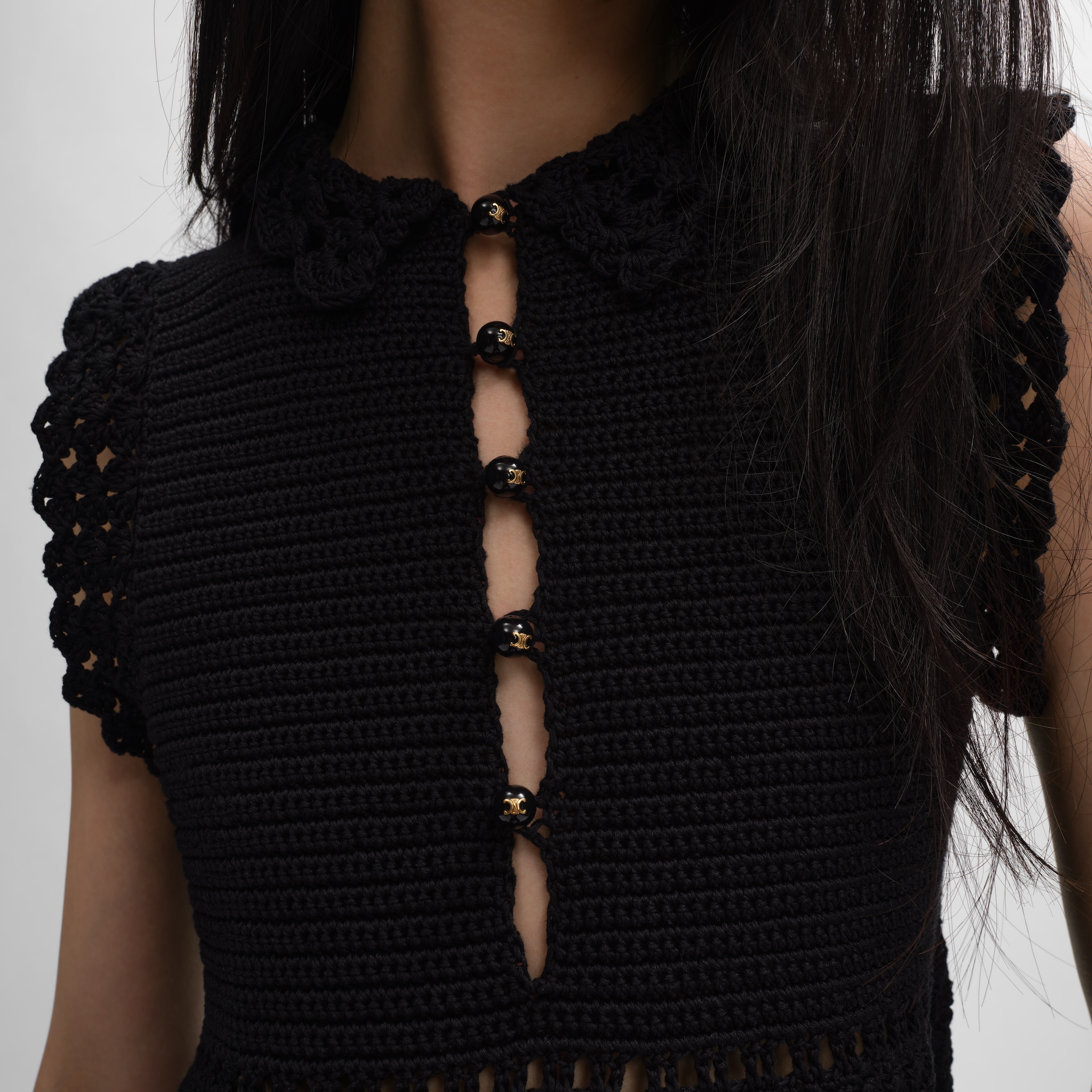新品 CELINE 22SS ミニドレス クロスストラップ / コットンバチスト mini dress IN cotton crochet - BLACK | CELINE
