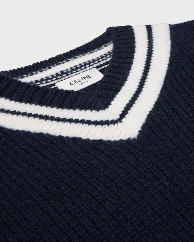 v-neck sweater IN cashmere - NAVY / WHITE -  - 1 | CELINE