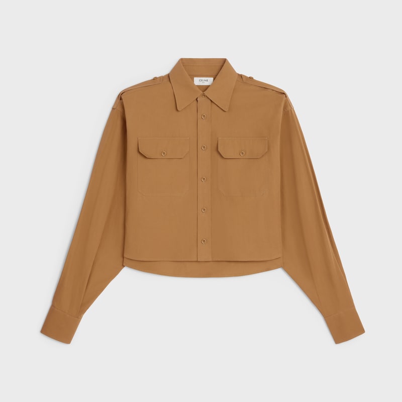 CAMISA CORTA DE ALGODÓN Y TEJIDO DE LINO - CASTAÑO -  - 1 | CELINE