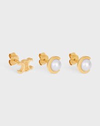 Les Perles Celine Set of 3 Studs in Resin Pearls and Brass with Gold Finish - GOLD / IVORY - EARRINGS - 2 | CELINE