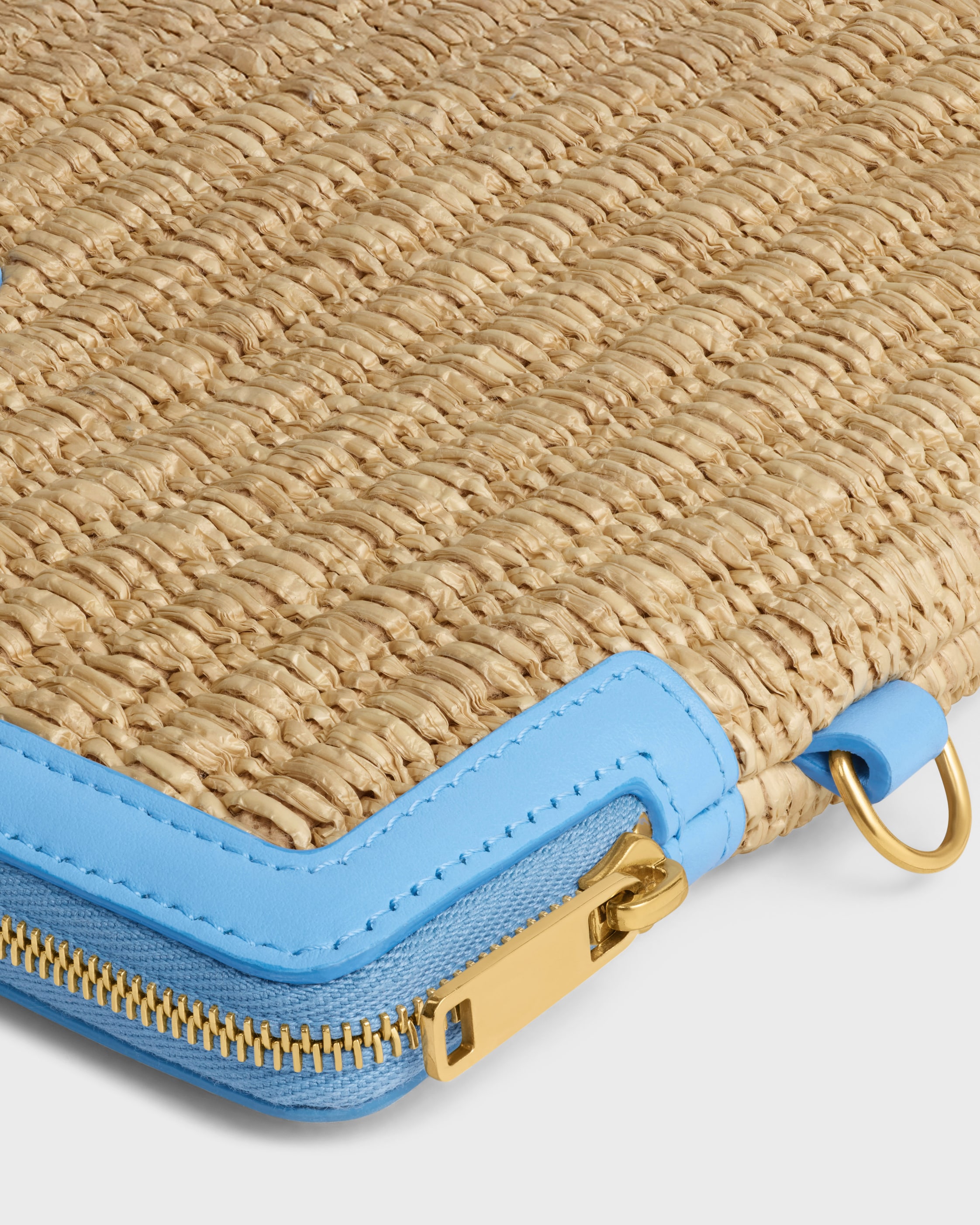SMALL POUCH WITH STRAP IN raffia effect textile and calfskin - SKY