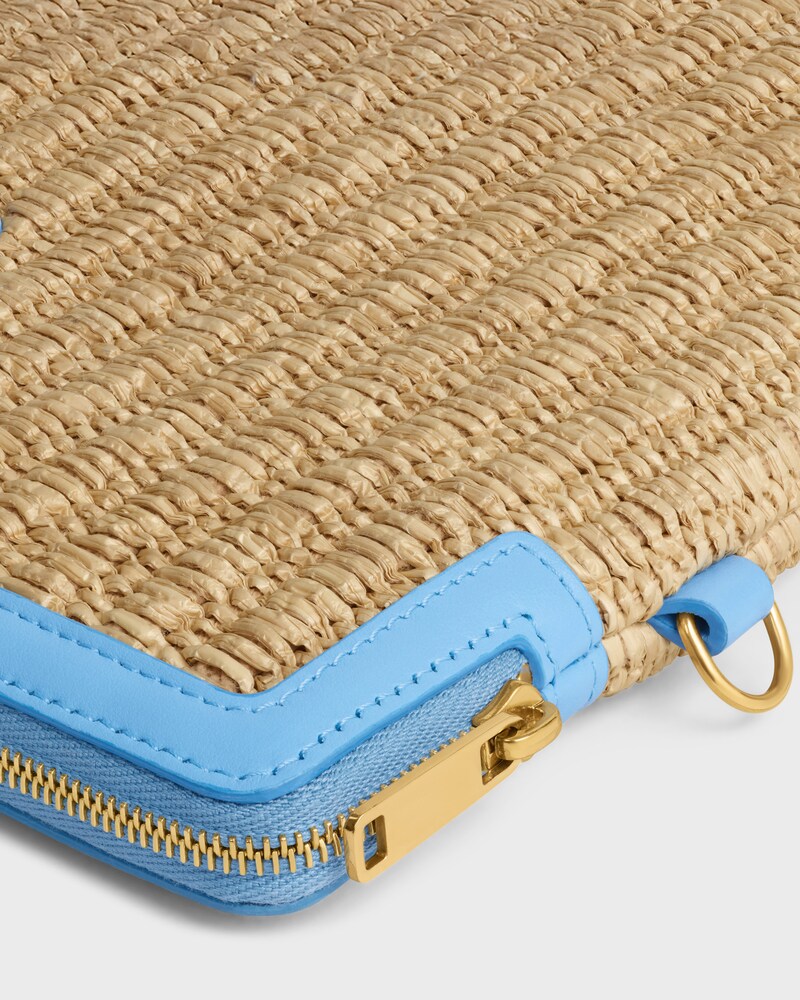SMALL POUCH WITH STRAP IN raffia effect textile and calfskin - SKY BLUE - NEW - 1 | CELINE