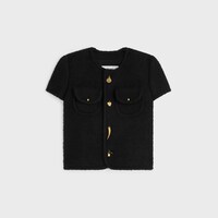 羊絨及羊毛席紋短袖外套 - 黑色 -  - 1 | CELINE