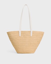 MEDIUM SUPPLE CELINE CLASSIC PANIER IN Raffia and calfskin - RICE - PANIER - 2 | CELINE