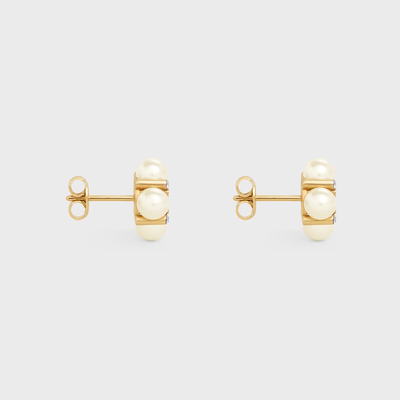 PENDIENTES DE BOT&Oacute;N LES PERLES CELINE DE STRASS, PERLAS DE RESINA Y LAT&Oacute;N CON ACABADO DORADO - DORADO / MARFIL - LES PERLES CELINE - 1 | CELINE